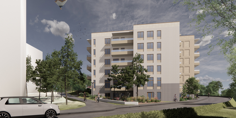 Flerbostadshus vid en t-korsning. Ljus fasad och 6 våningar. Människor som cyklar och går. Bil till vänster i bild och luftballong som flyger över huset. Illustration